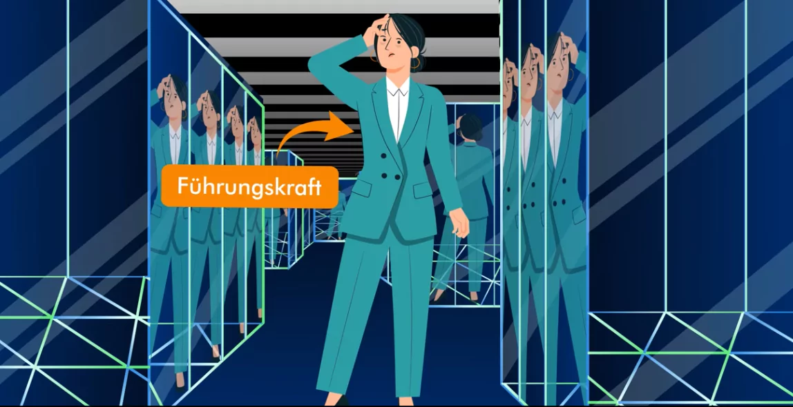 Illustration einer Führungskraft im Spiegelkabinett als Symbol für Selbstreflexion im Coaching